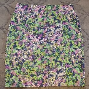 LuLaRoe Navy Pencil Skirt with Green & Pink Floral Swirls